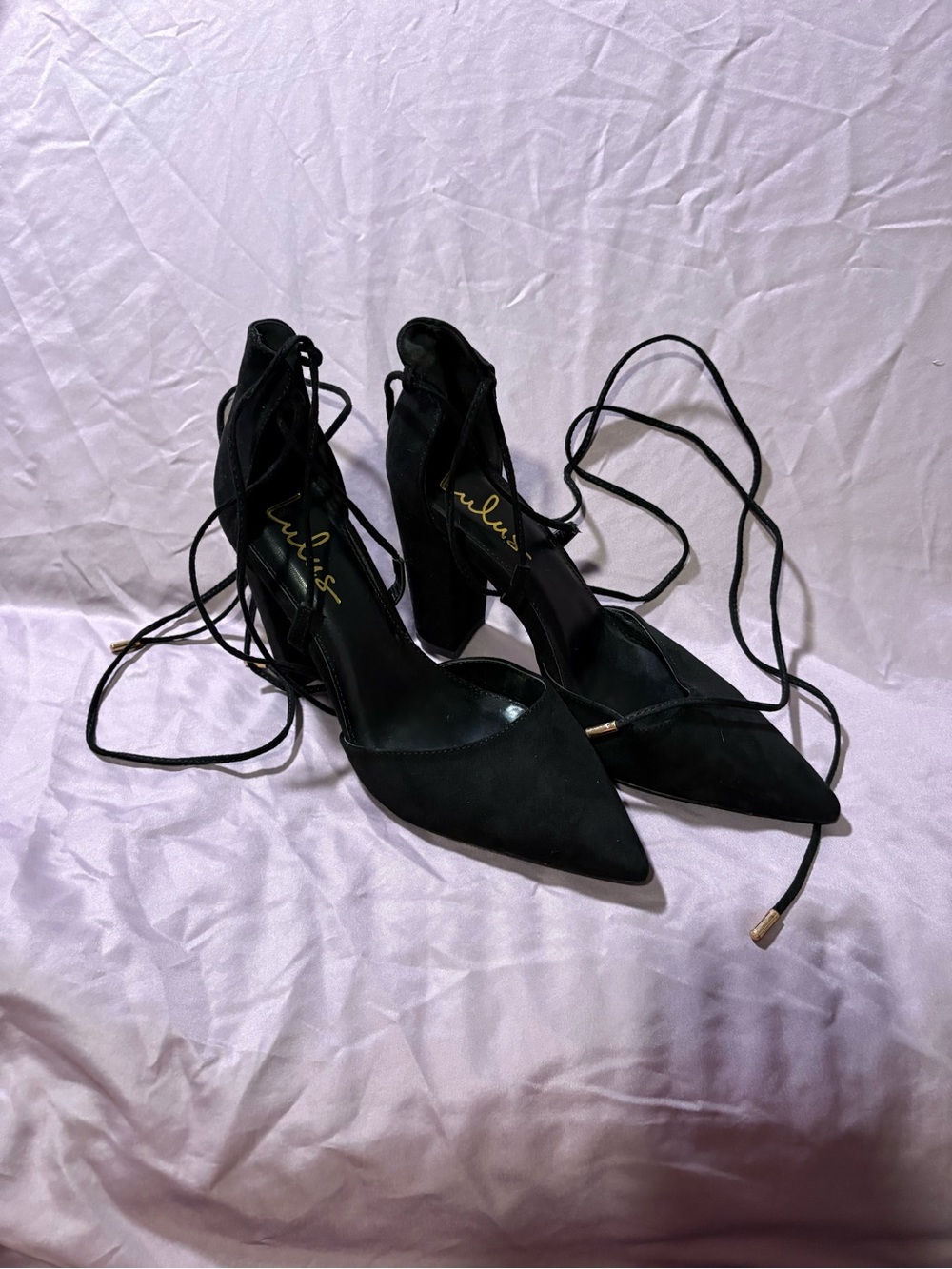 Lulu's Black Lace-Up Pointed Toe Block Heels